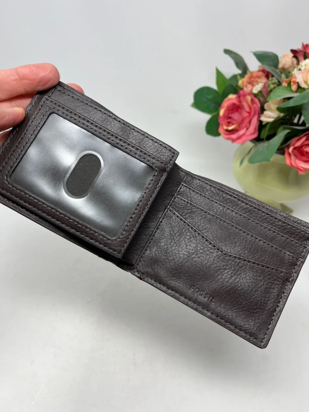 FOSSIL Hart Bifold Wallet CowHide Embossed Leather Dark Wine and Brown Color NEW
